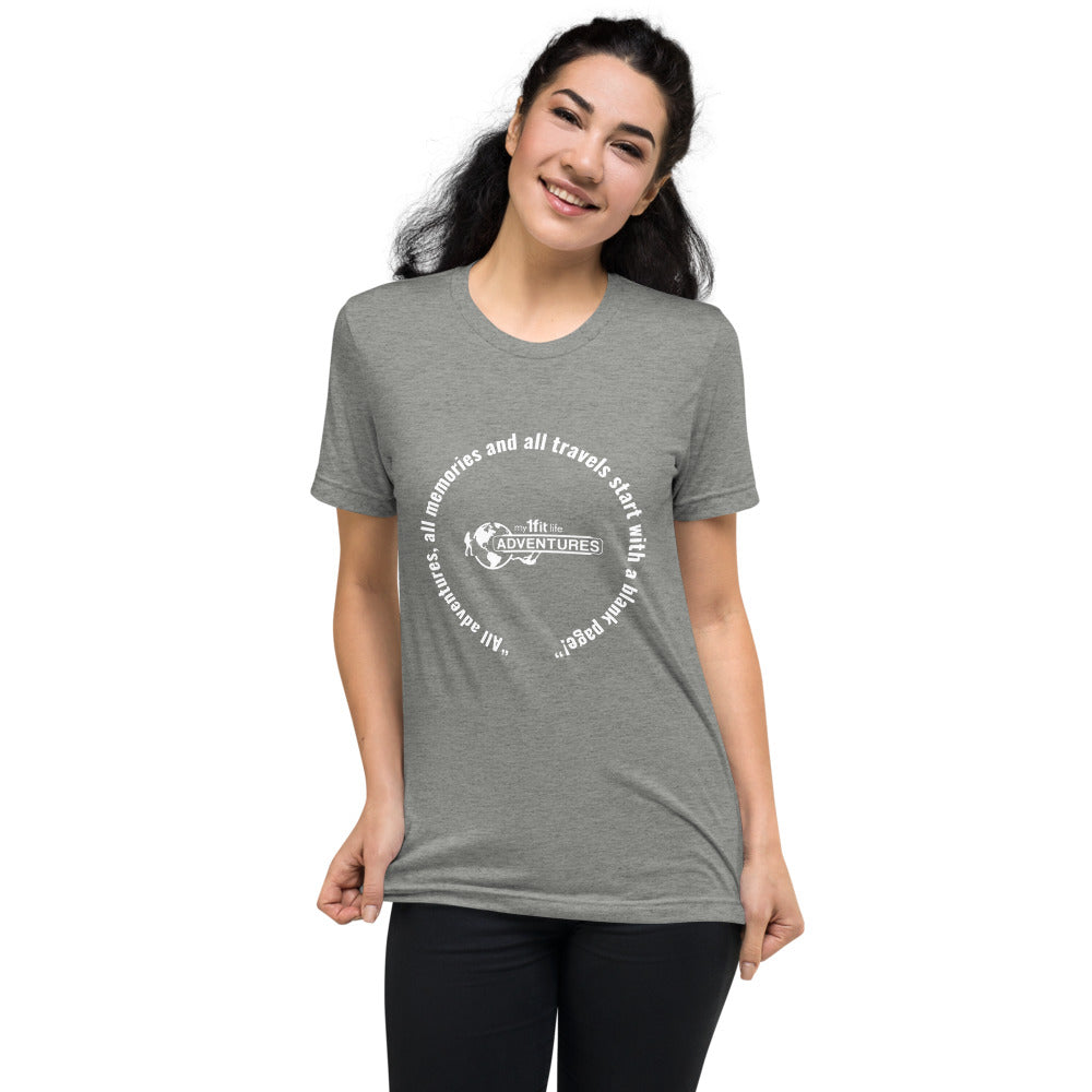 “All adventures, all memories and all travels start with a blank page!” Short sleeve t-shirt
