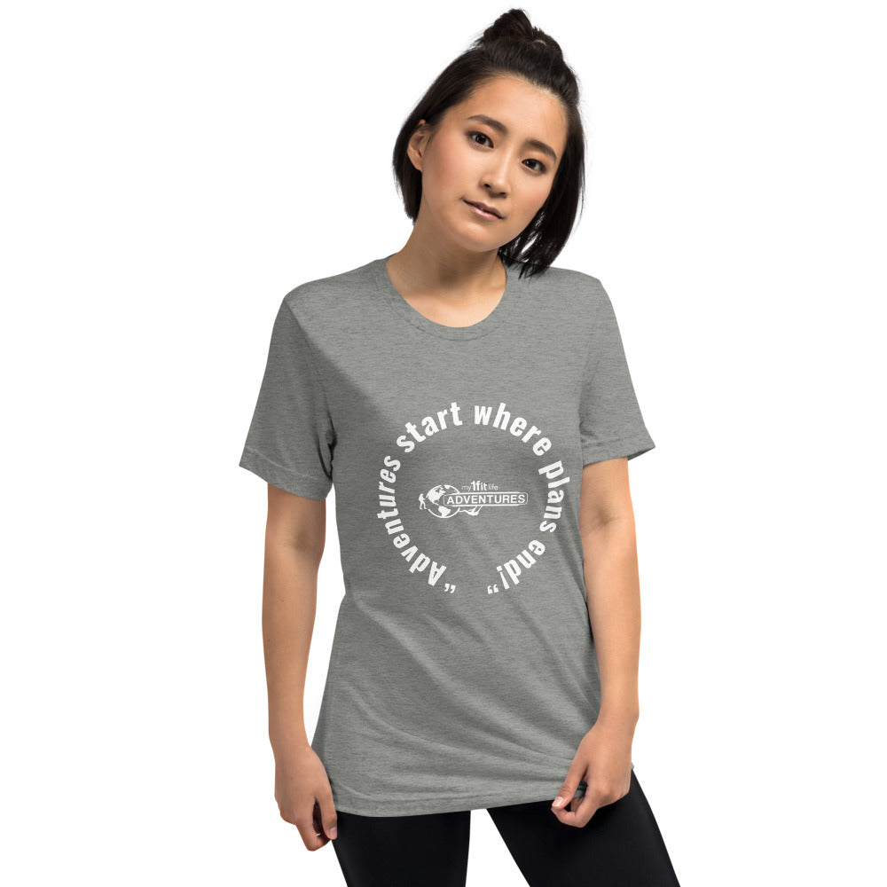 “Adventures start where plans end!” Short sleeve t-shirt