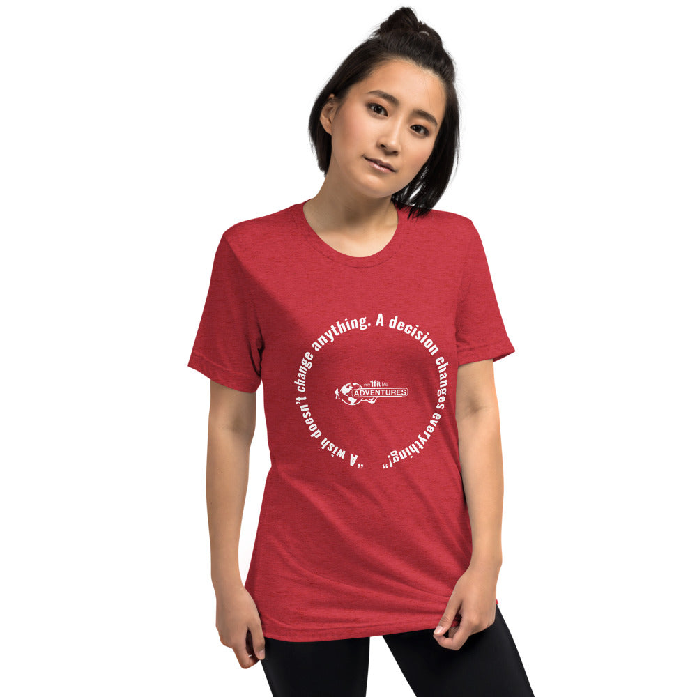 “A wish doesn’t change anything. A decision changes everything!” Short sleeve t-shirt