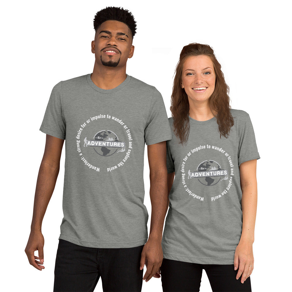Wanderlust: a strong desire for or impulse to wander or travel and explore the world. sleeve t-shirt