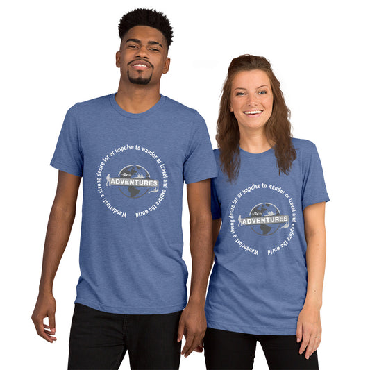 Wanderlust: a strong desire for or impulse to wander or travel and explore the world. sleeve t-shirt