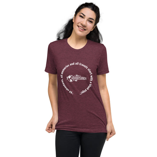“All adventures, all memories and all travels start with a blank page!” Short sleeve t-shirt